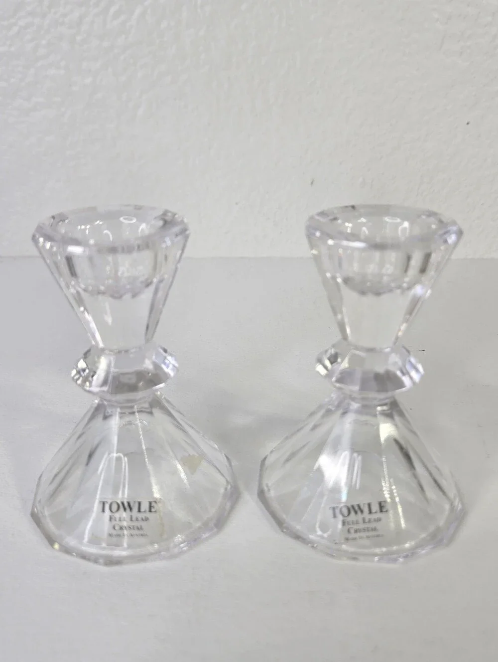 Towle‎ Pair Crystal Candlesticks Facet Diamond Cut Made In Austria Art Deco Vtg